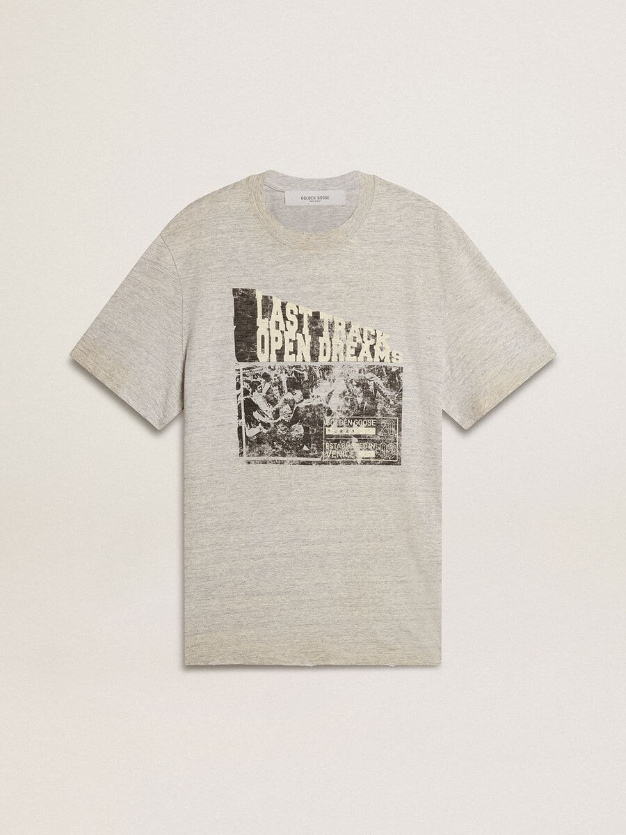 herrtröja i grått med vintage-tryck och tryck framtill