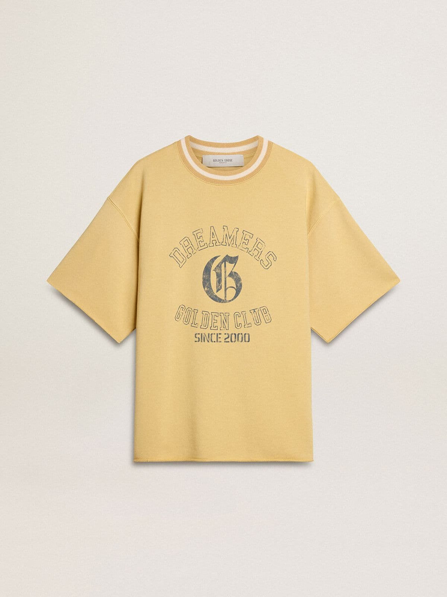 herr-t-shirt i överdimensionerad gul bomull med blått tryck