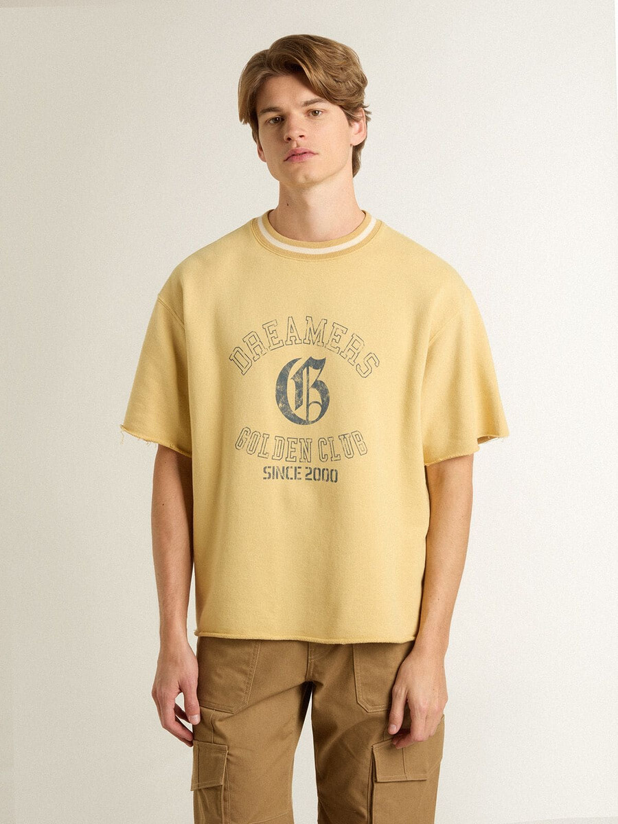 herr-t-shirt i överdimensionerad gul bomull med blått tryck