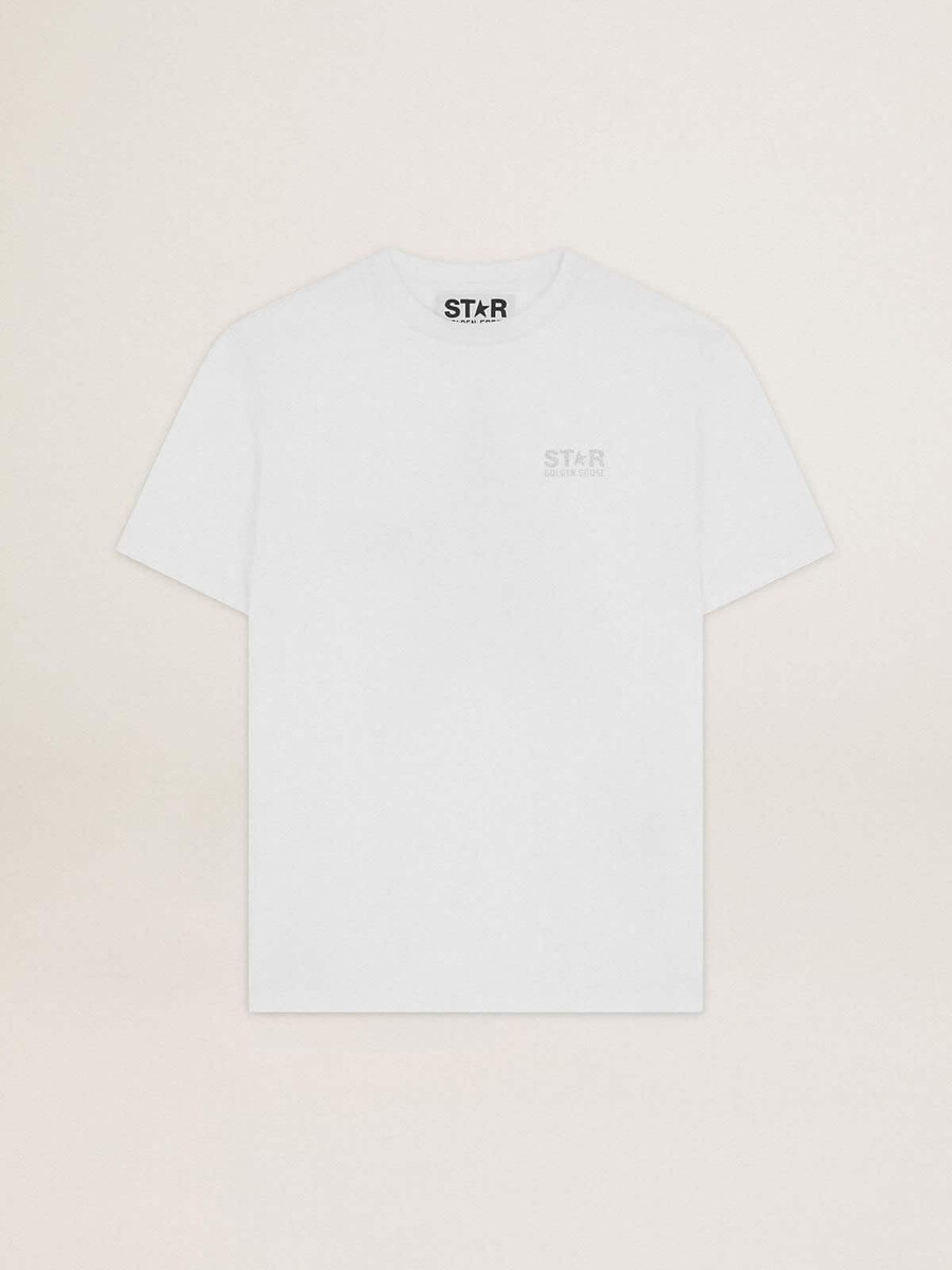 vit t-shirt för kvinnor med silverglitterlogotyp och stjärna