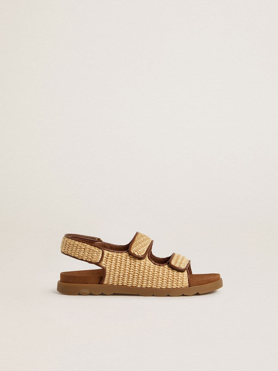 noa junior sandaler i beige raffia och brunt läder