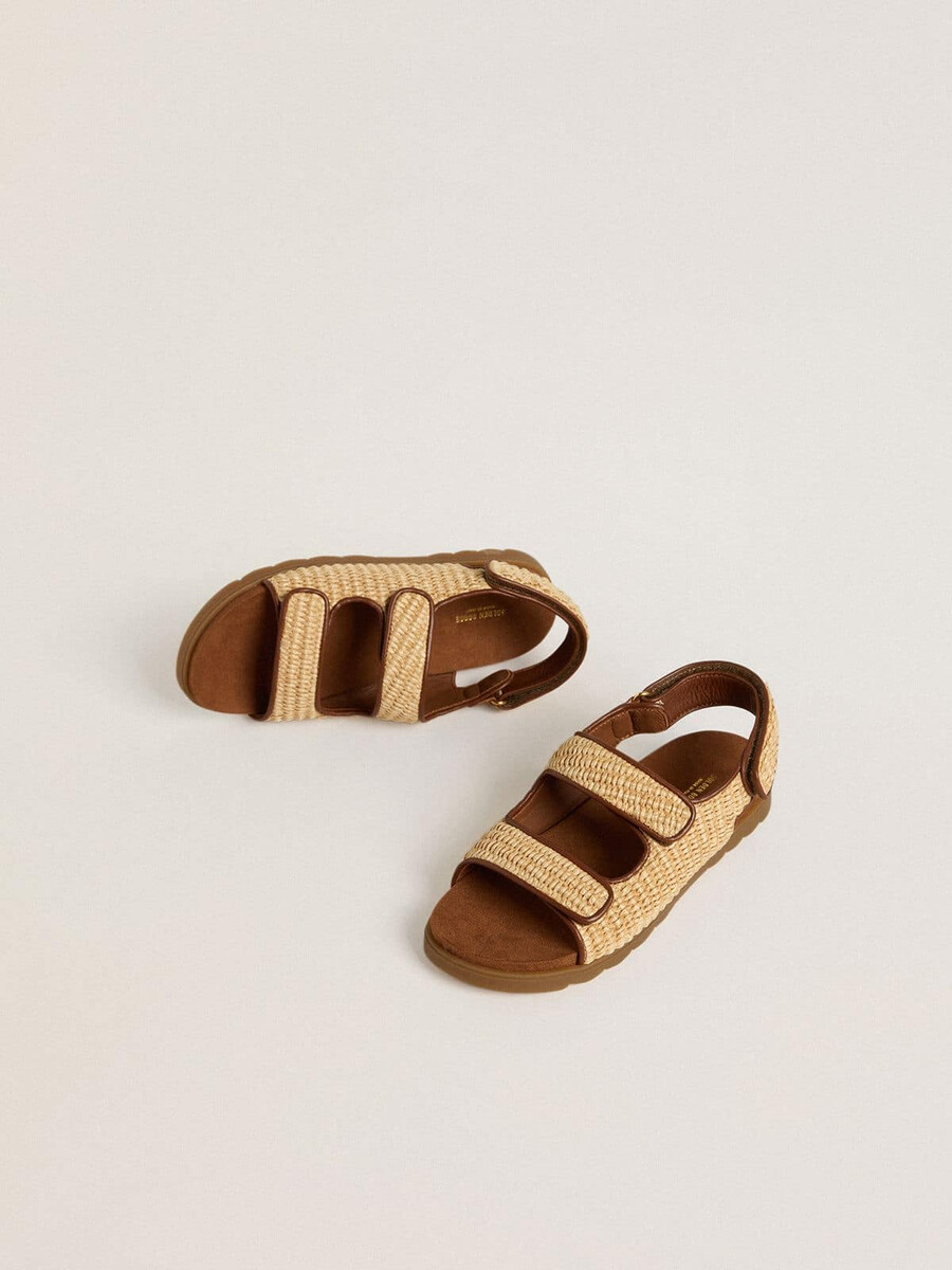 noa junior sandaler i beige raffia och brunt läder
