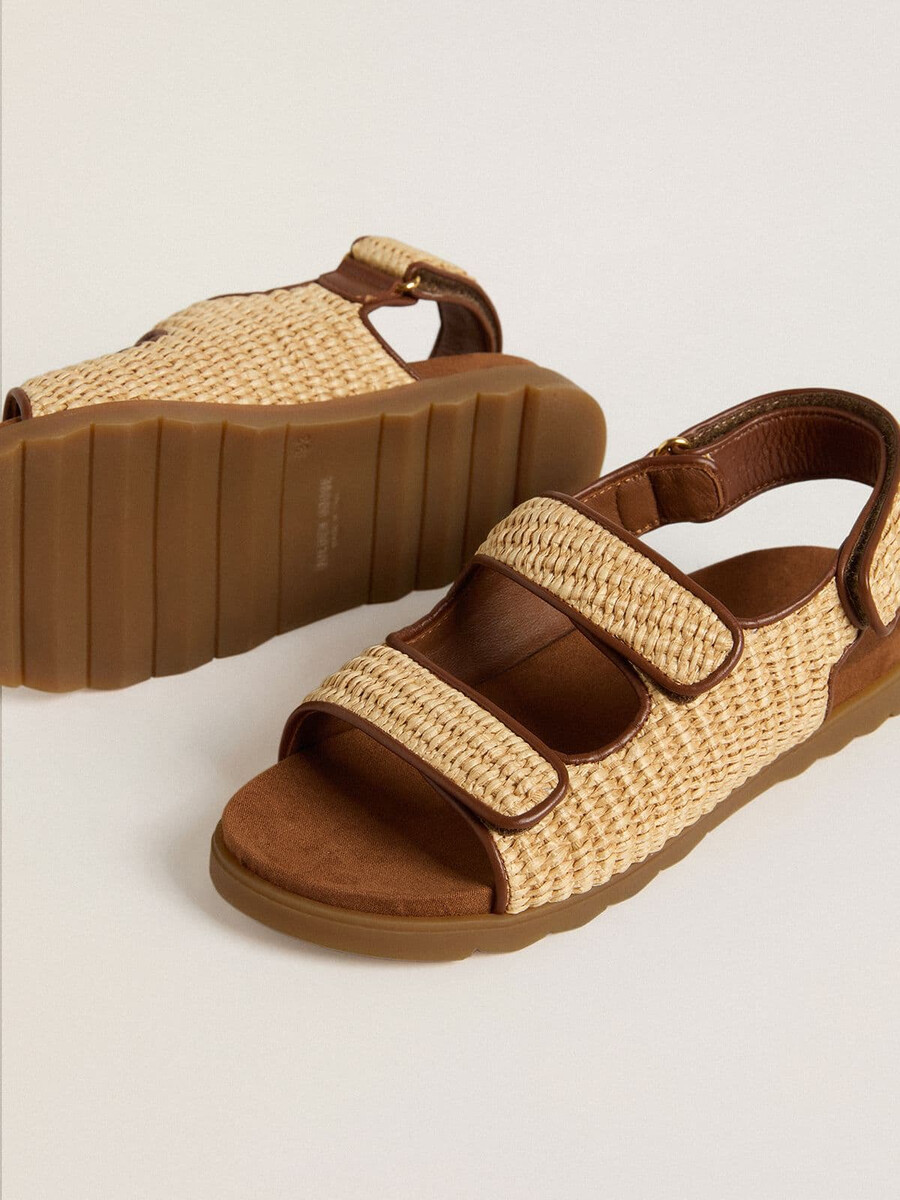 noa junior sandaler i beige raffia och brunt läder
