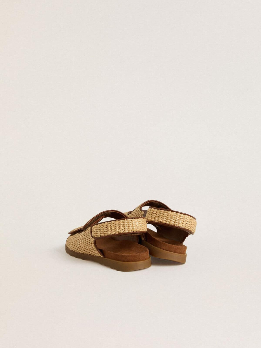 noa junior sandaler i beige raffia och brunt läder
