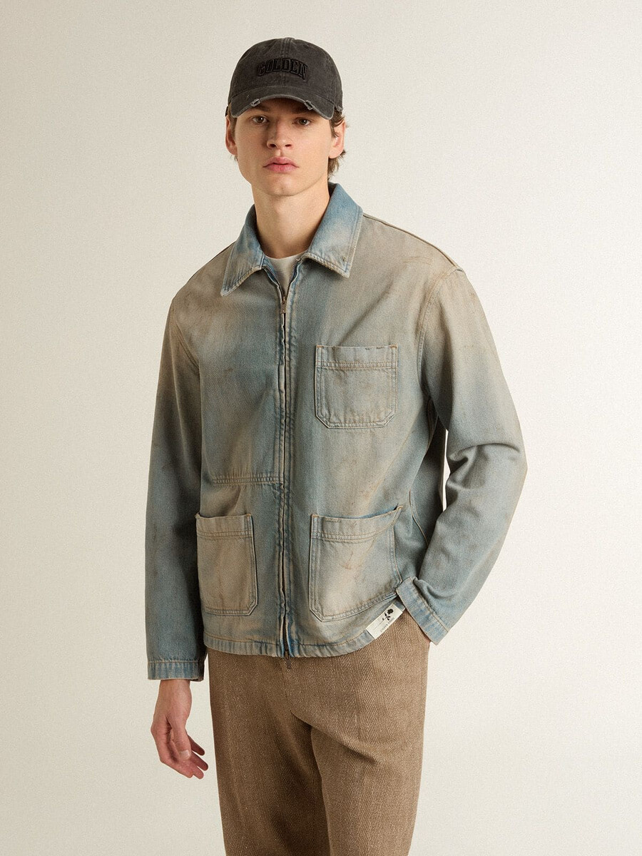 herrjeansjacka med sliten look och dragkedja