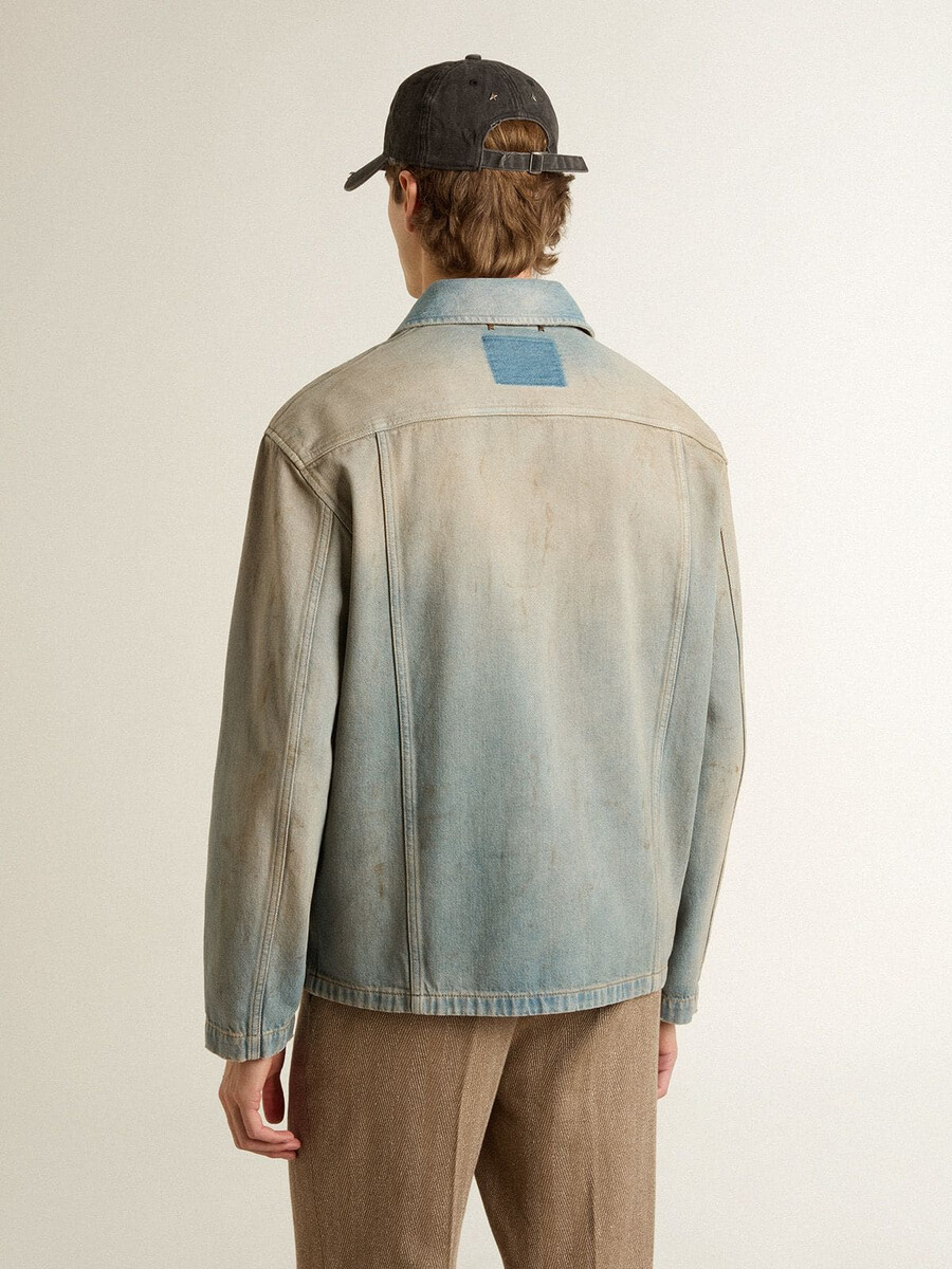 herrjeansjacka med sliten look och dragkedja