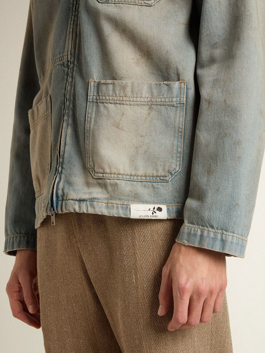 herrjeansjacka med sliten look och dragkedja