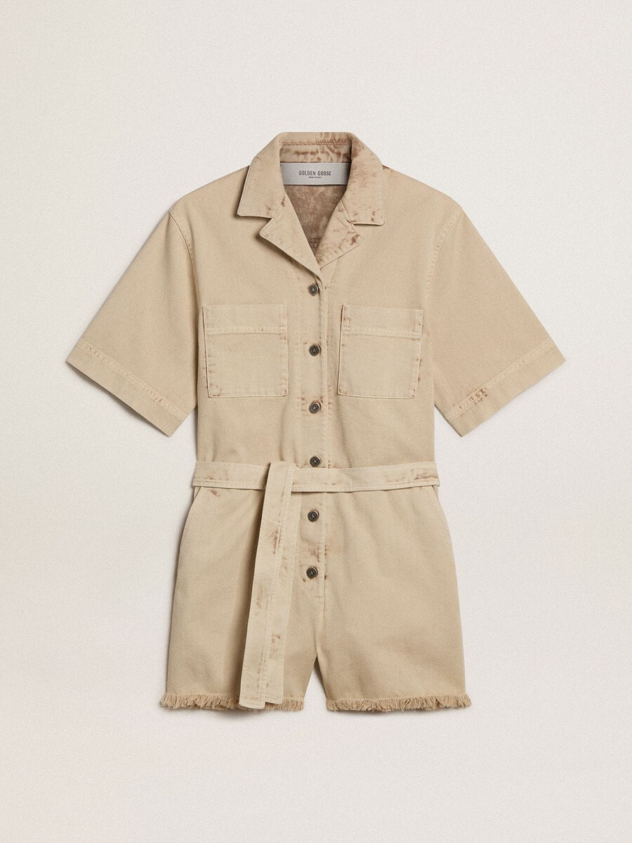 damsparkbyxa i beige denim med skärp och fransad fåll