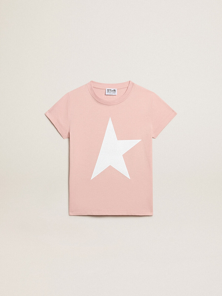 rosa t-shirt för flickor med vit logotyp och maxistjärna