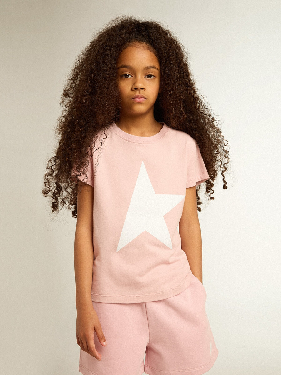 rosa t-shirt för flickor med vit logotyp och maxistjärna