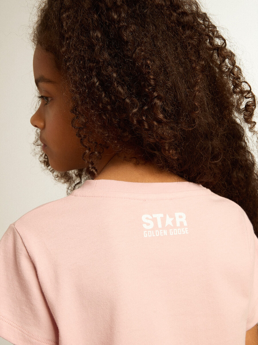 rosa t-shirt för flickor med vit logotyp och maxistjärna