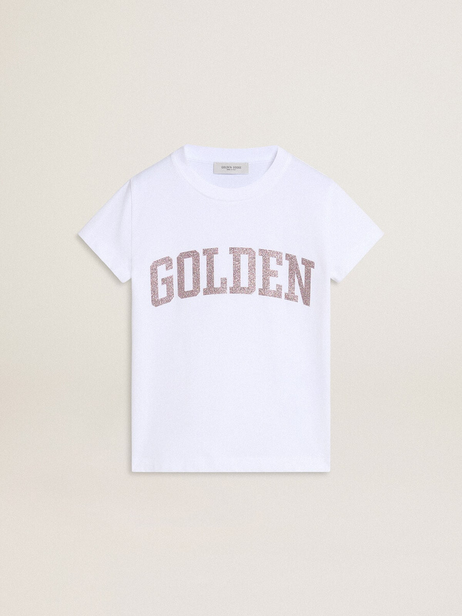 vit t-shirt för flickor med rosa glitter och gyllene text