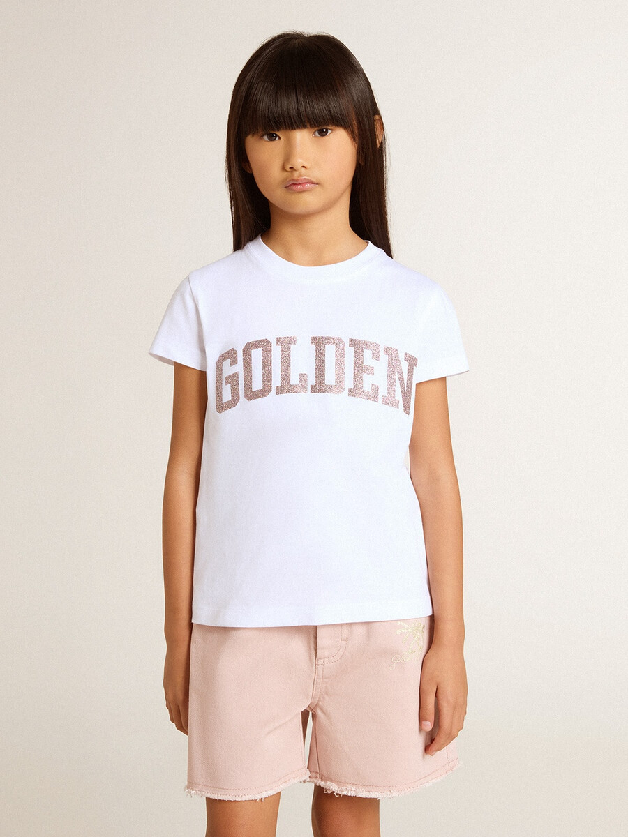 vit t-shirt för flickor med rosa glitter och gyllene text
