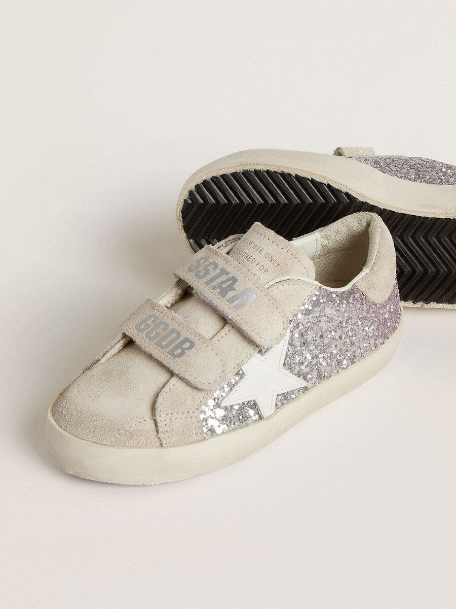 junior old school i silver och rosa glitter med vit läderstjärna