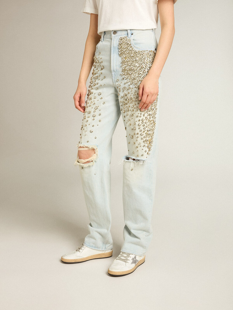 damblekta jeans med cabochonkristaller