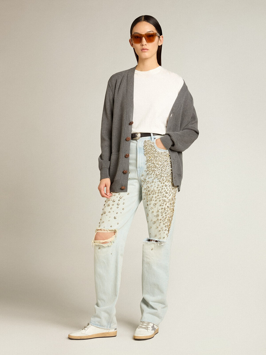 damblekta jeans med cabochonkristaller
