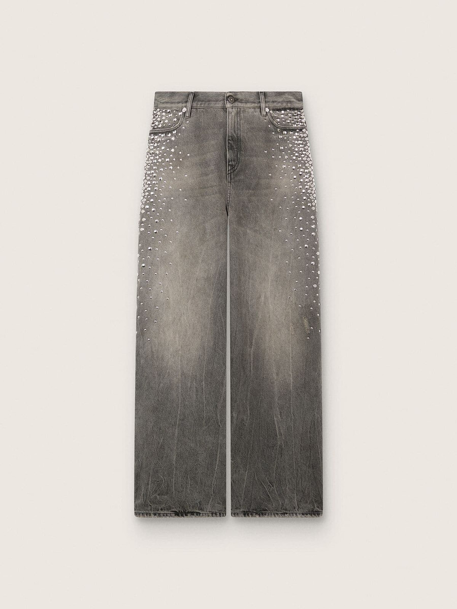 damjeans i grå denim med silverfärgade nitar i gradienteffekt