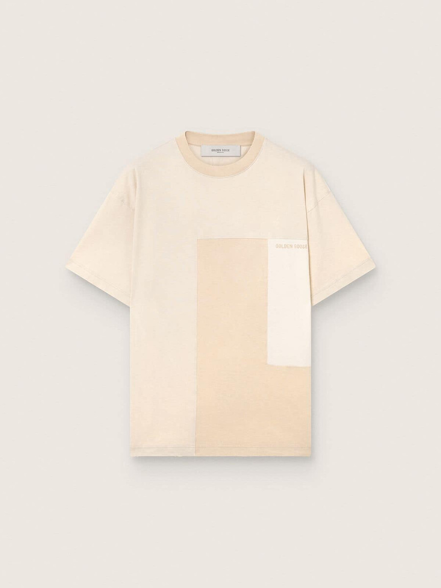 herr-t-shirt i bomullsjersey med vit och beige patchwork-effekt