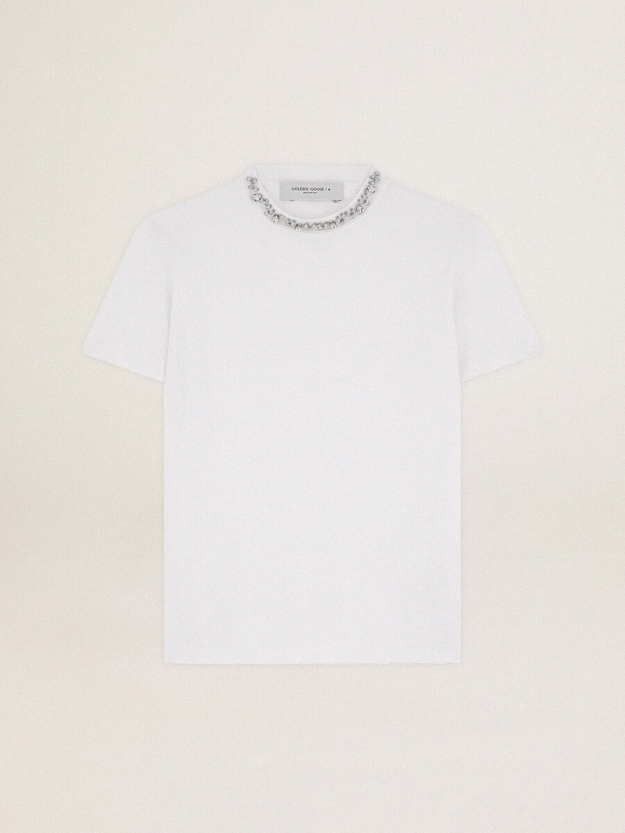 vit t-shirt med cabochonkristaller för kvinnor