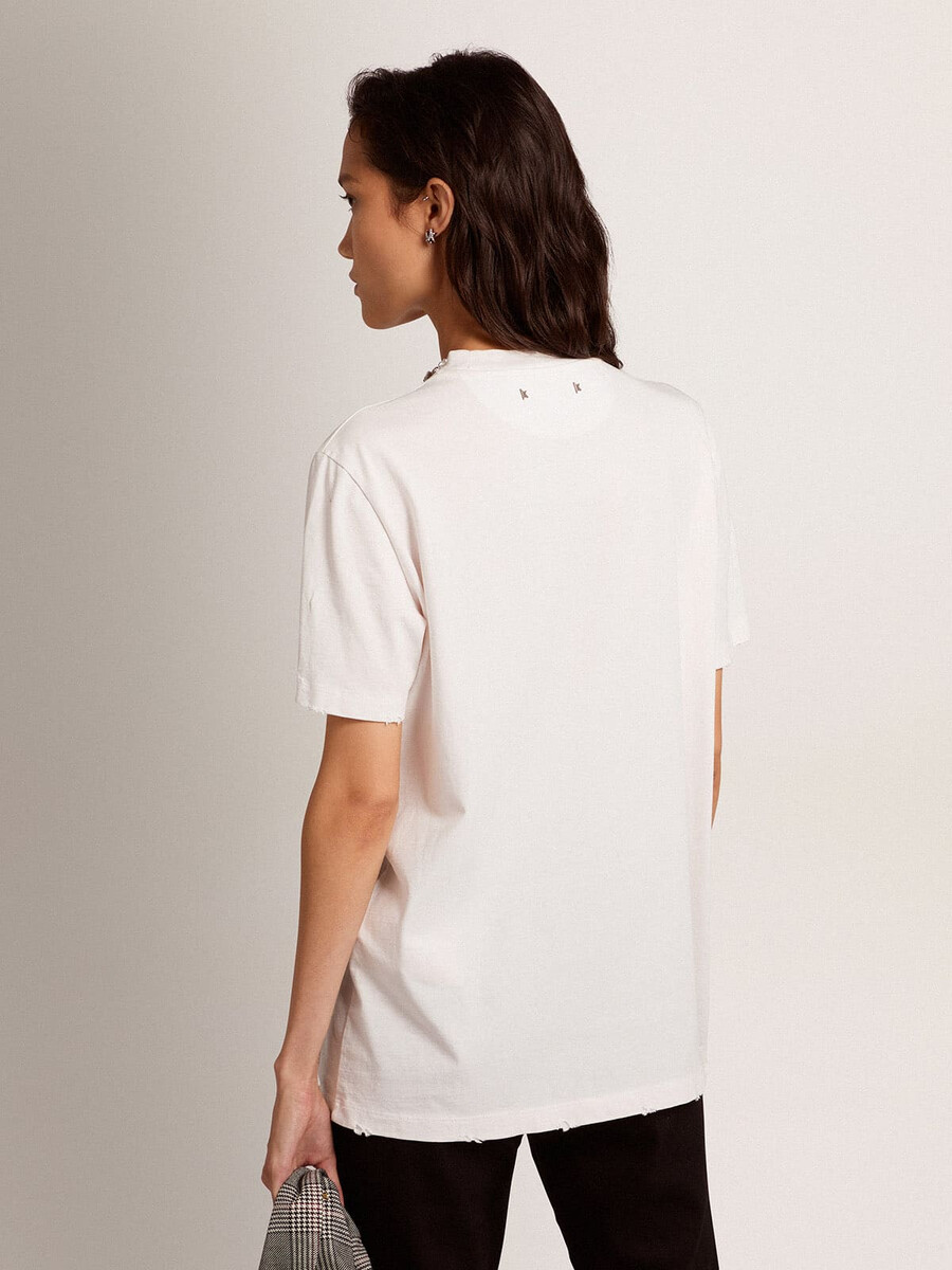 vit t-shirt med cabochonkristaller för kvinnor