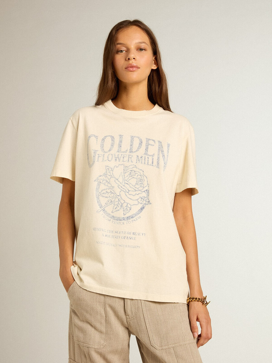 dam-t-shirt i vit bomull med säsongstryck