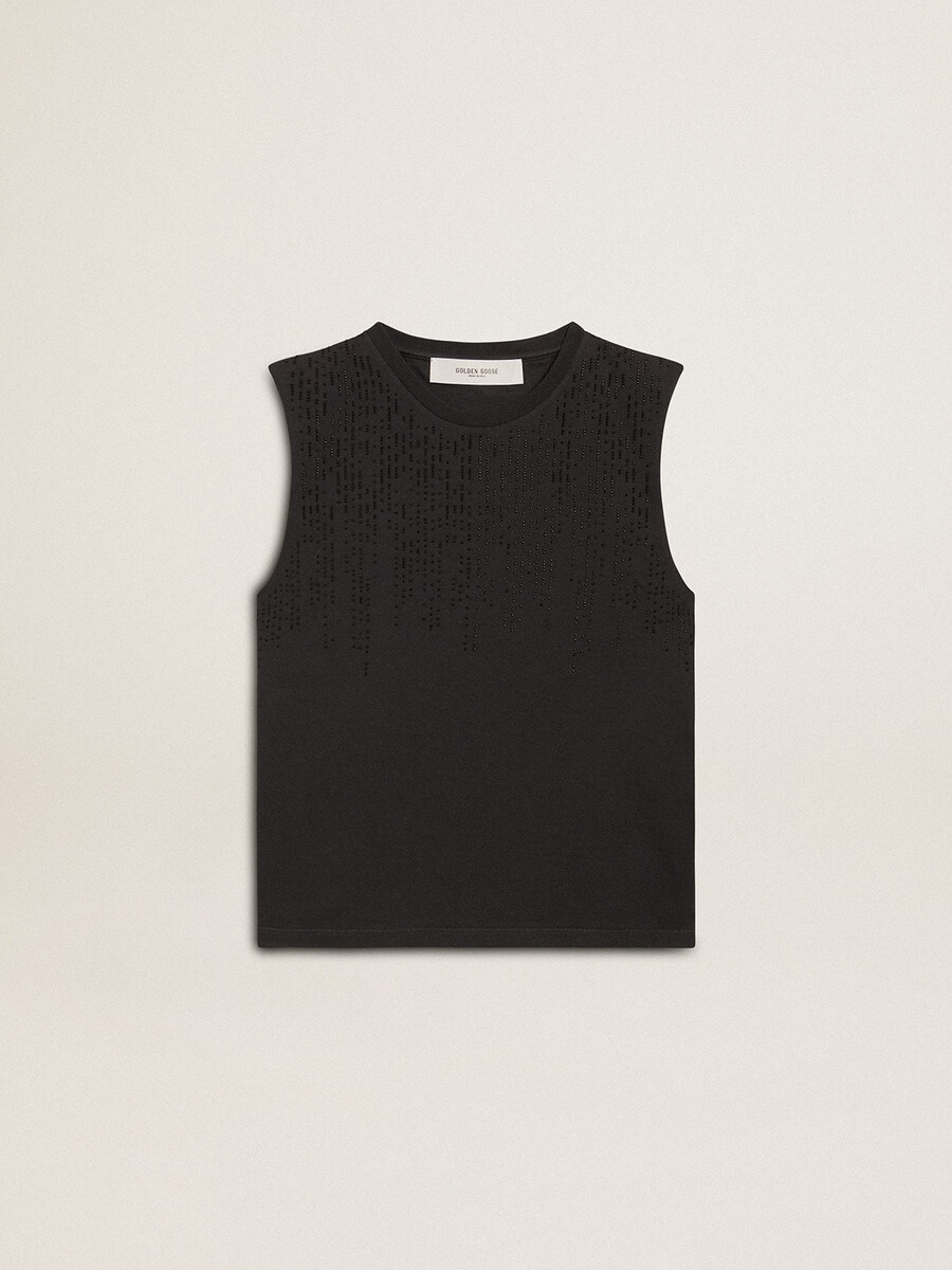Ärmlös t-shirt i sliten svart med ton-i-ton-broderi