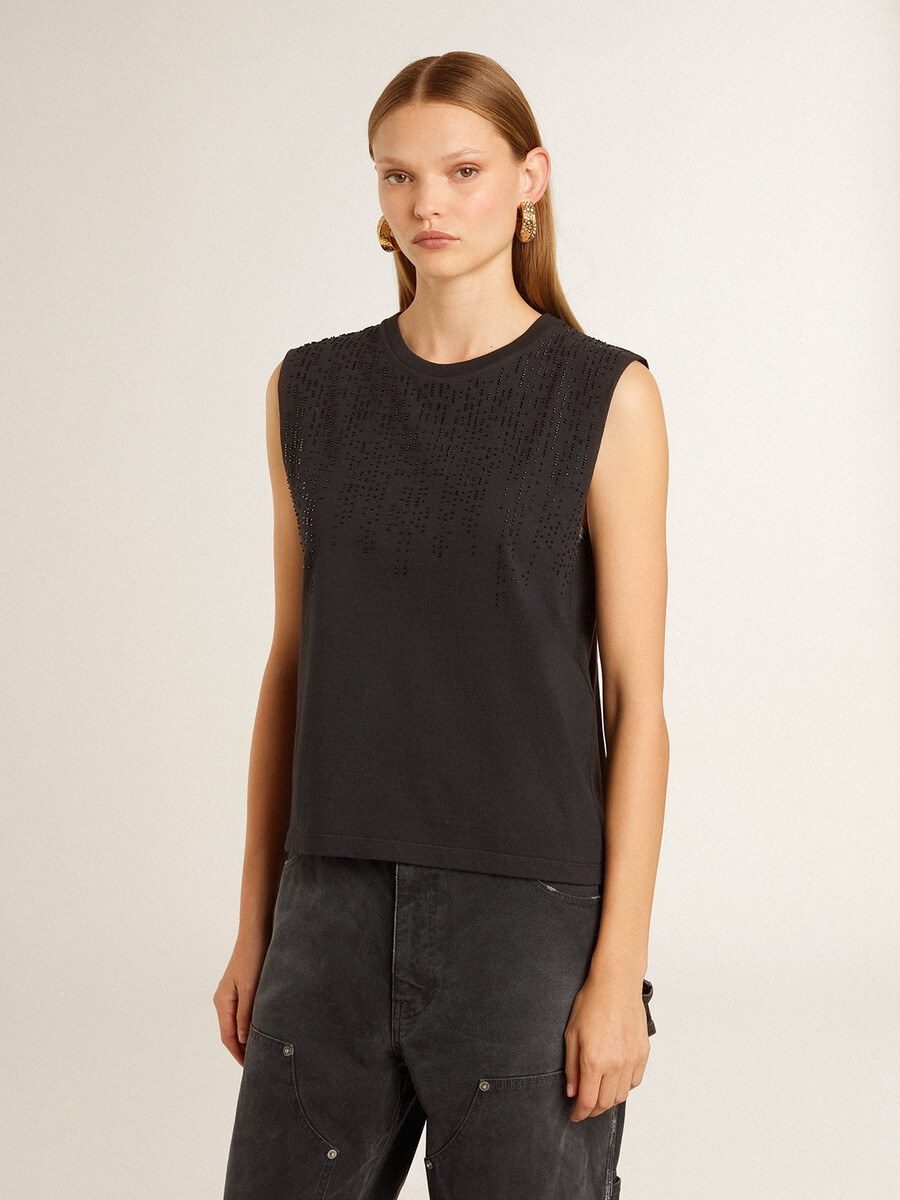 Ärmlös t-shirt i sliten svart med ton-i-ton-broderi