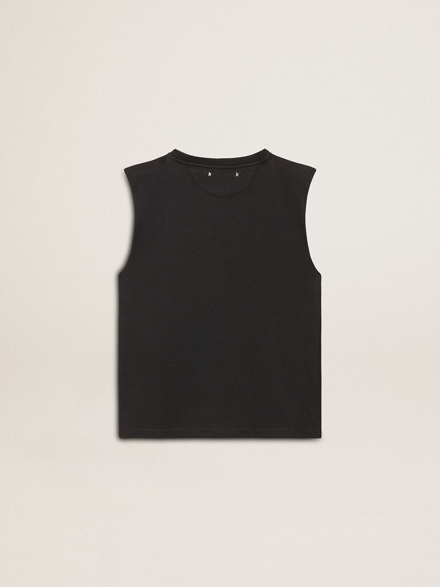 Ärmlös t-shirt i sliten svart med ton-i-ton-broderi